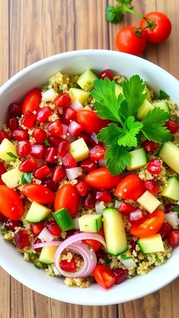 A vibrant quinoa bowl with pomegranate seeds, cucumbers, tomatoes, and parsley on a wooden table.